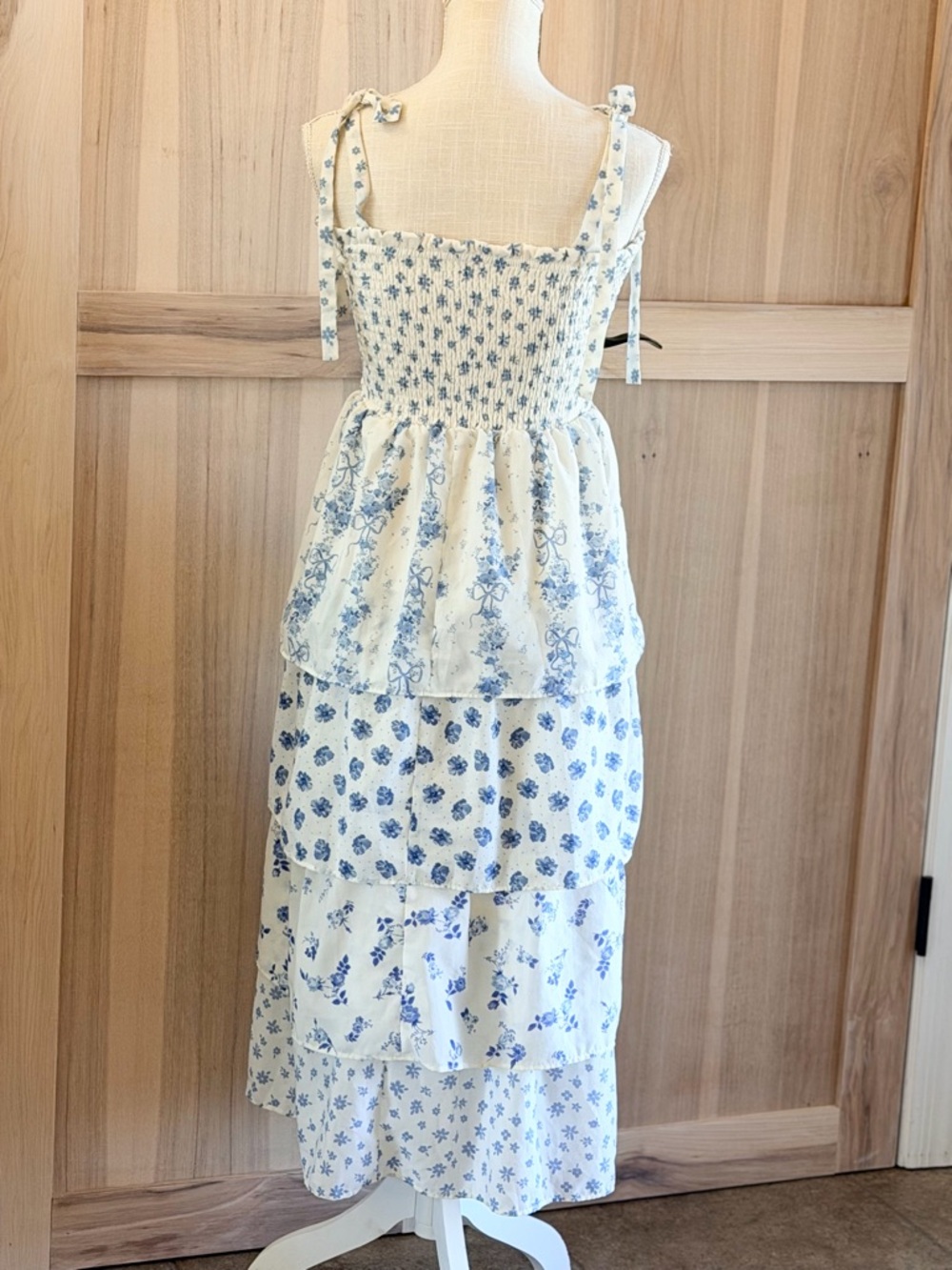 Crystal Doll Blue Floral Mixed Media Dress. Tiered | Fairy | Ecru & Blue Sz-S - Picture 4 of 9
